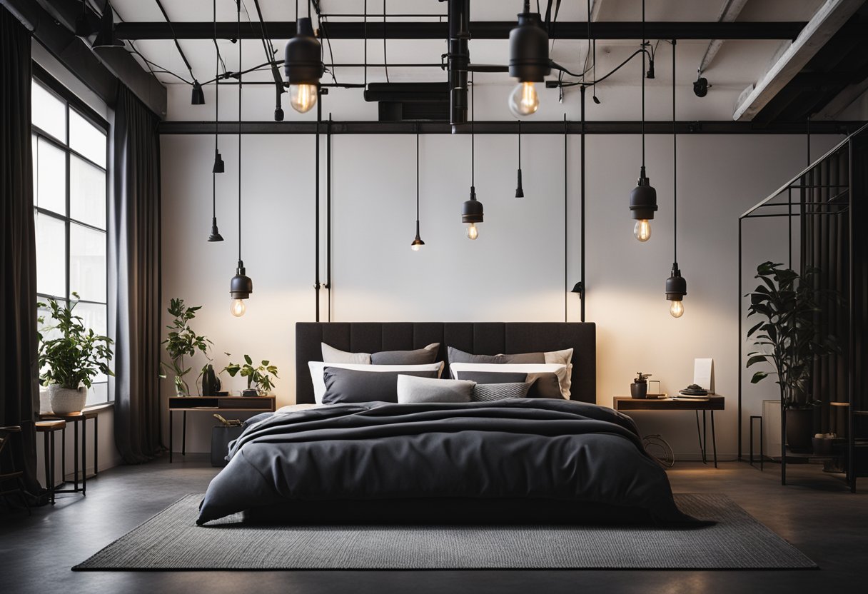 A dark bedroom with industrial hanging lights casting a warm glow over the space