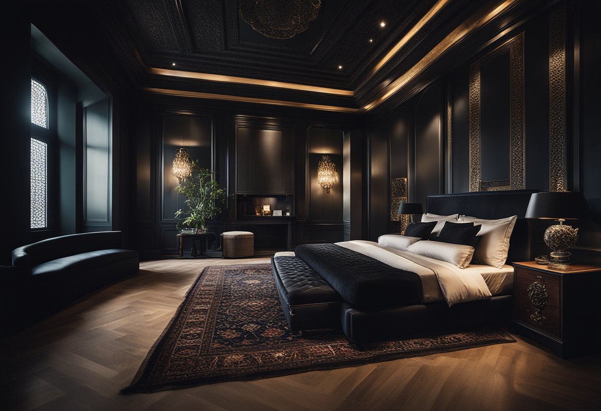 A dark bedroom with a vintage Persian rug as the centerpiece, surrounded by rich, moody decor and low lighting