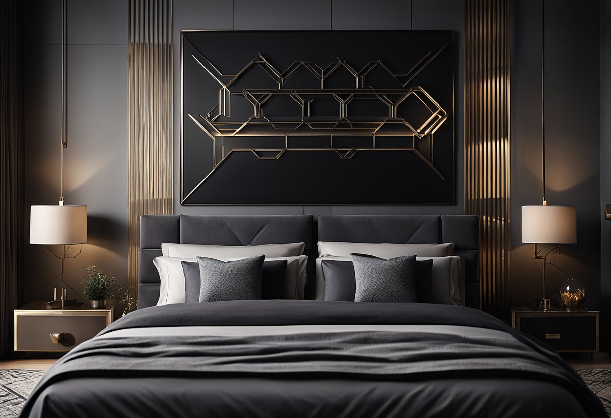 A sleek metal wall art piece hangs above a bed in a dimly lit bedroom, casting dramatic shadows against the dark walls