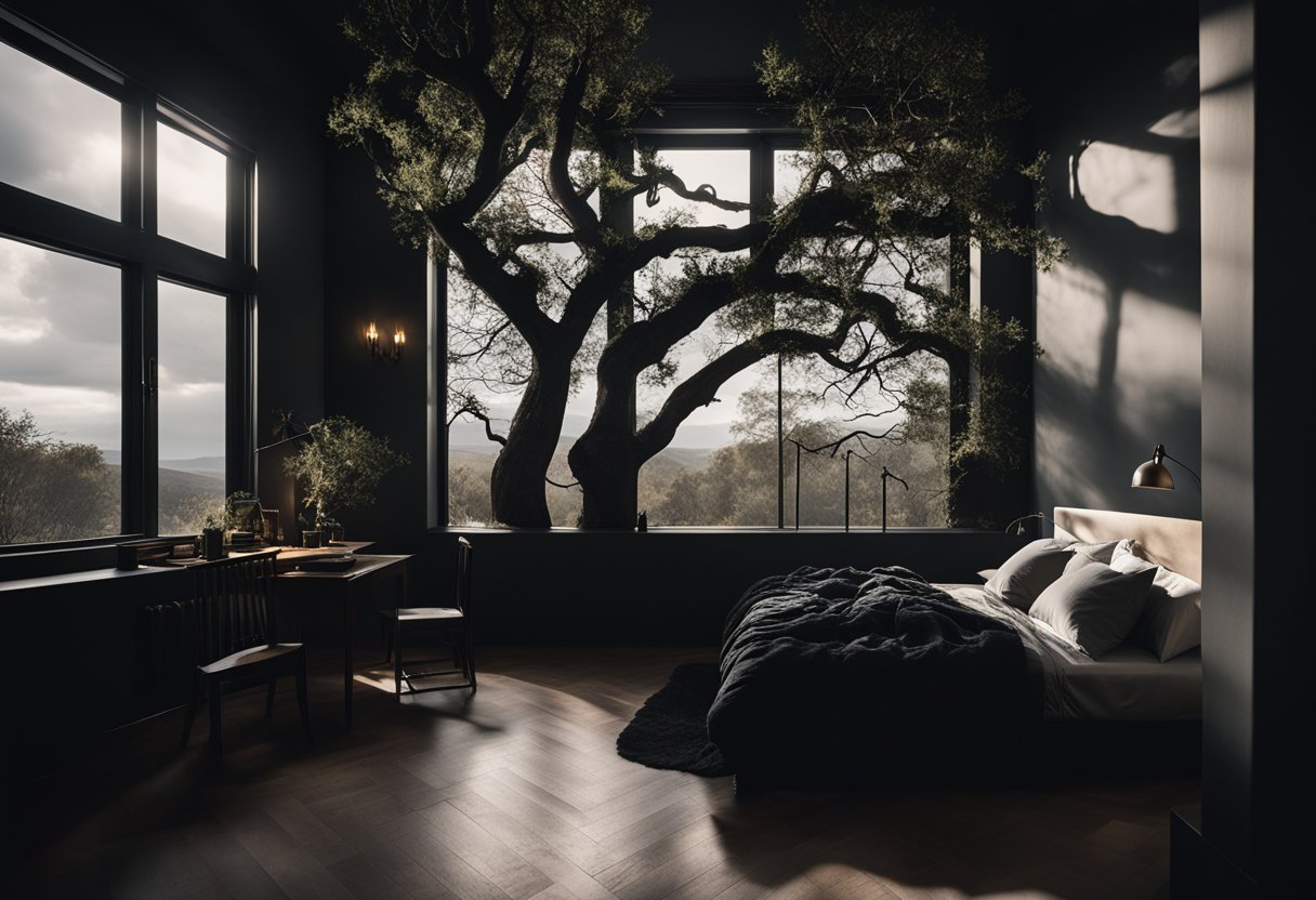 A brooding, stormy landscape with gnarled trees and deep shadows, set against a dark, moody bedroom interior with minimal lighting