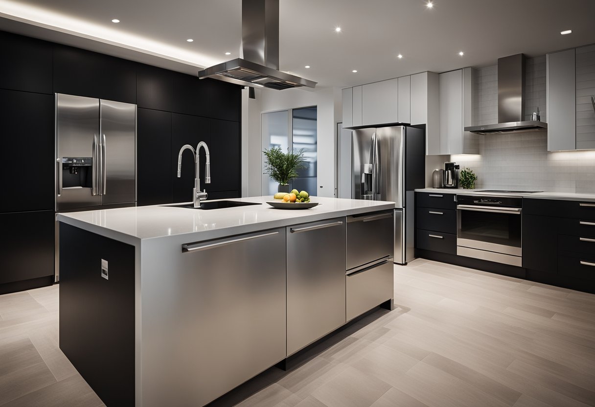 A dimly lit kitchen with sleek black cabinets, stainless steel appliances, and minimalistic decor