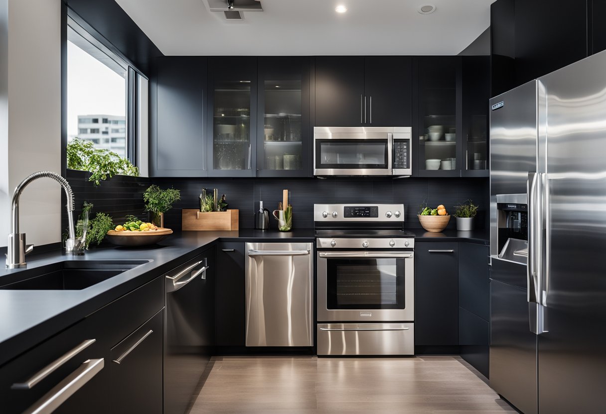 A sleek kitchen with matte black cabinets, stainless steel appliances, and dark countertops