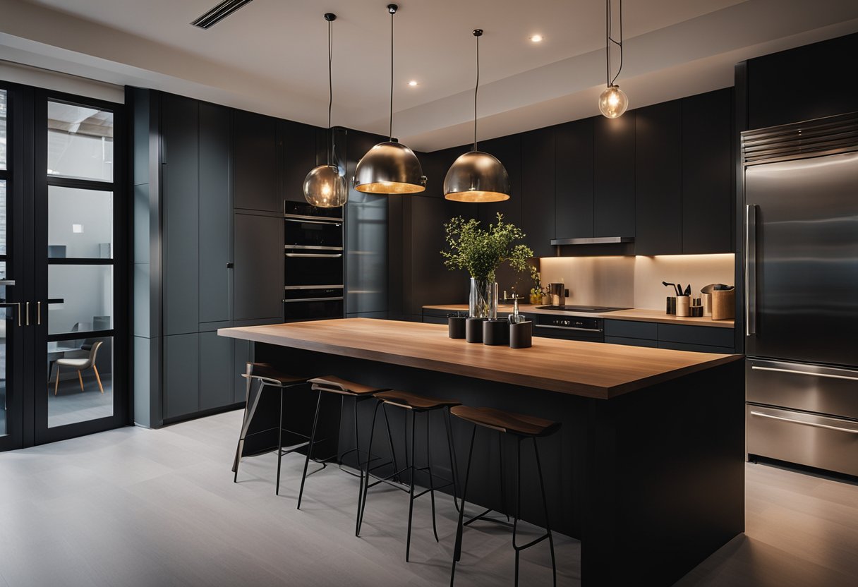 A modern, dark kitchen with industrial pendant lighting casting a warm glow over sleek countertops and minimalist decor