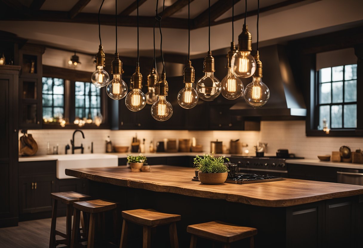 A dimly lit kitchen with vintage Edison bulbs hanging from the ceiling, casting a warm and cozy glow over the dark and rustic decor