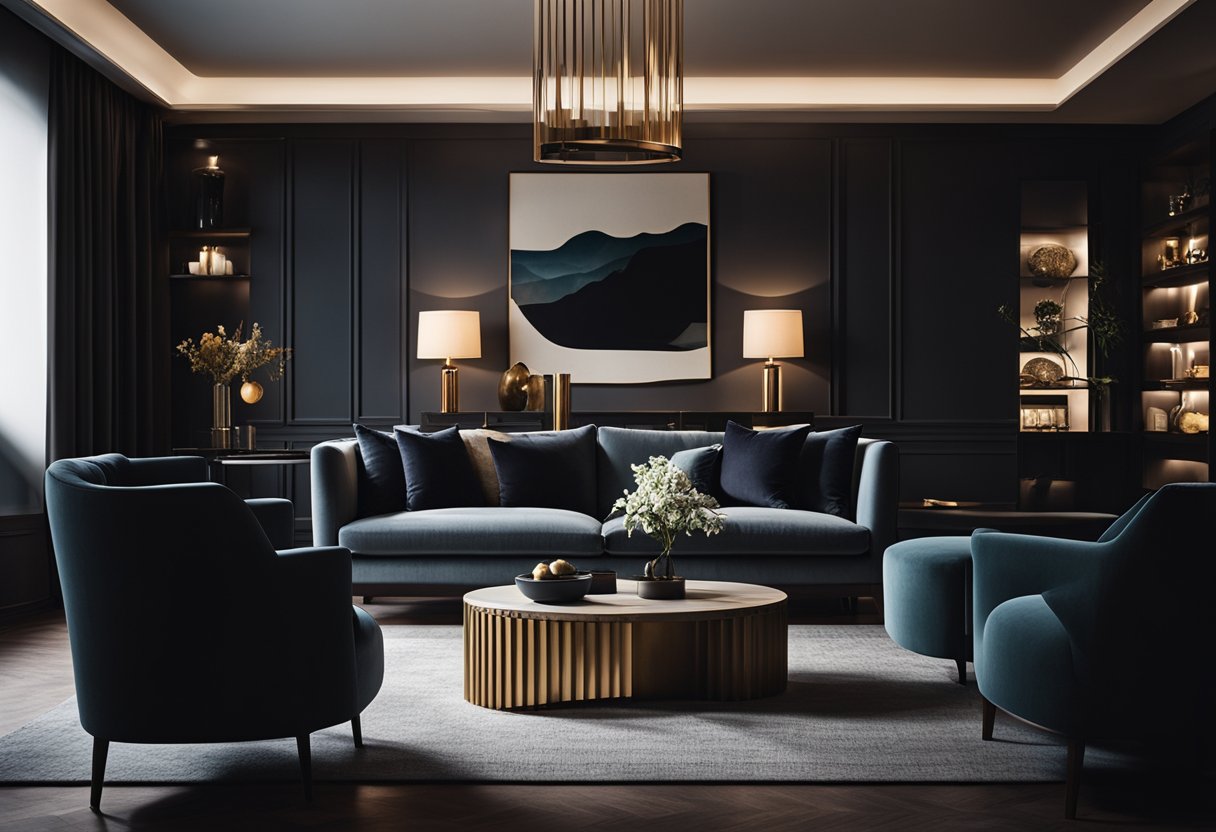 A dimly lit living room with moody lighting, deep shadows, and rich, dark color tones. Elegant furniture and minimal decor create a sophisticated and cozy atmosphere