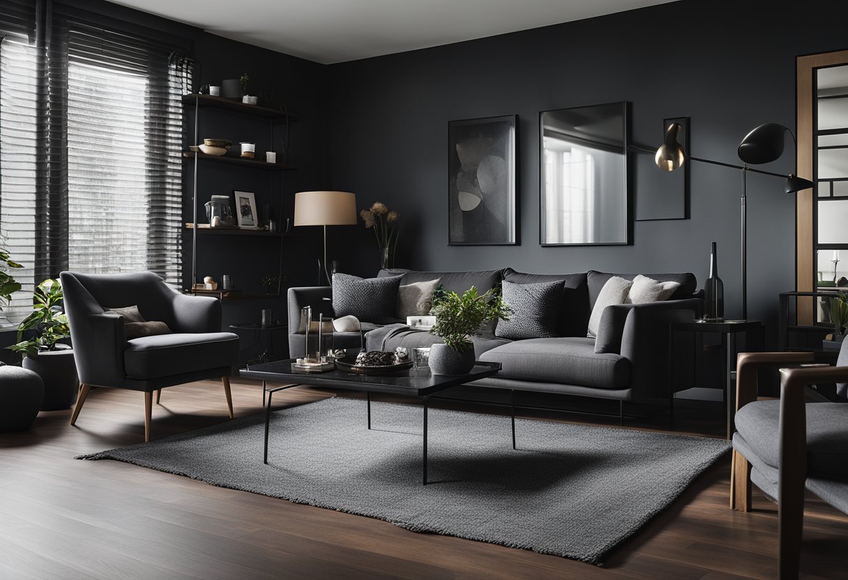 A dimly lit living room with charcoal walls, featuring dark furniture and minimal decor