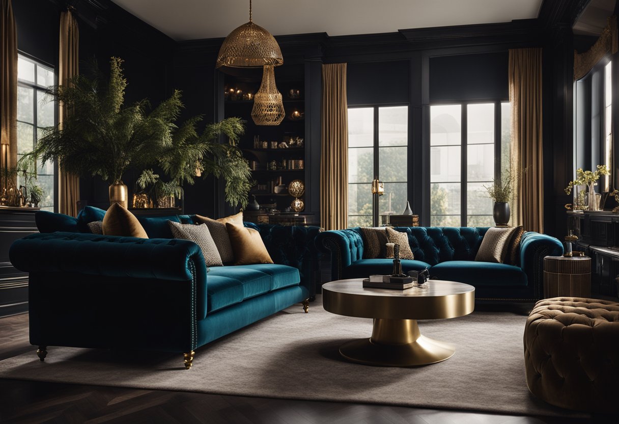 A luxurious velvet sofa sits in a dimly lit living room, surrounded by deep, moody decor and rich, dark colors