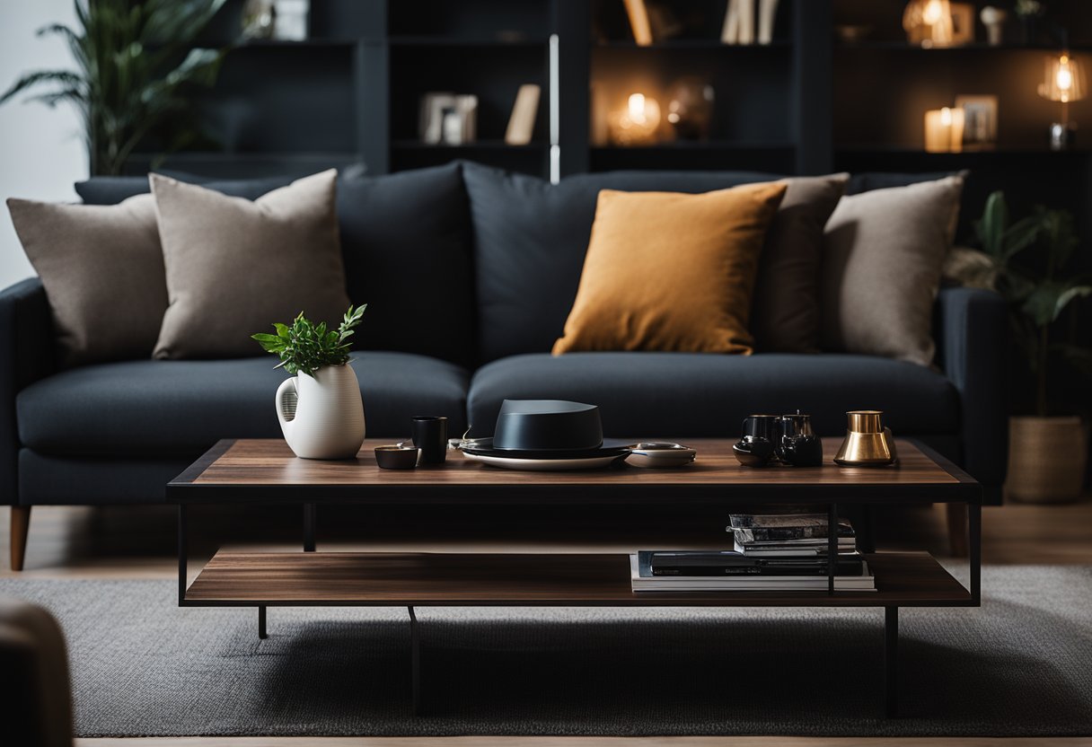 A dark wood coffee table sits in the center of a dimly lit living room, surrounded by deep, moody decor