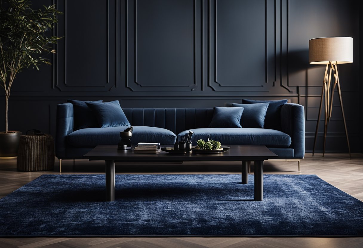 A midnight blue rug anchors a dark living room, accented by moody lighting and sleek, modern furniture