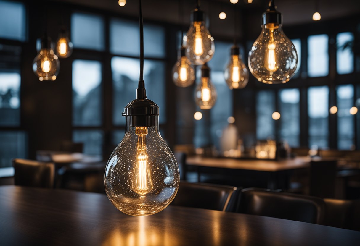 Smoked glass pendant lights illuminate a dark living room with moody ambiance