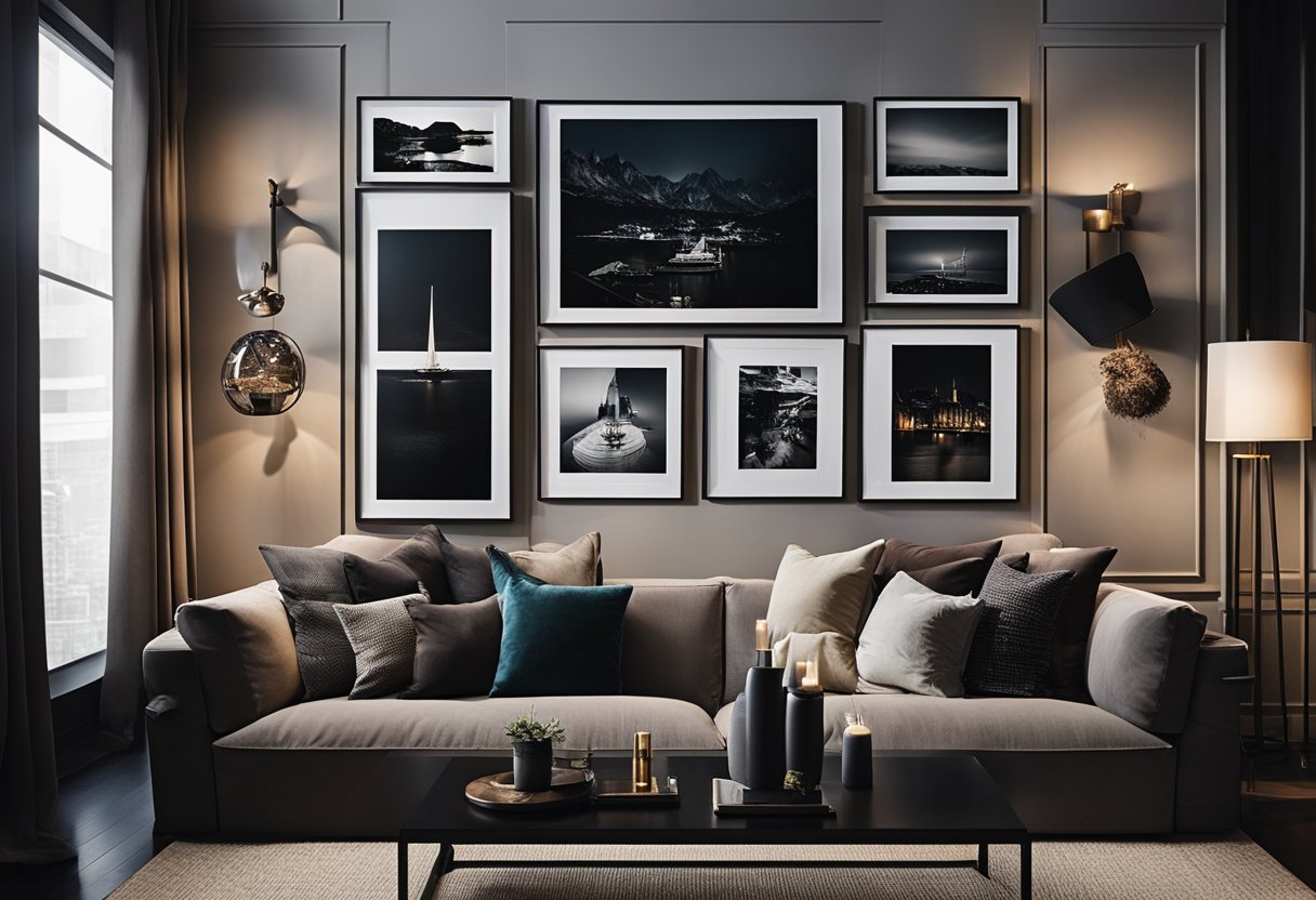 A cozy living room with dark walls and floors, featuring a collection of ebony picture frames showcasing various artwork and photographs