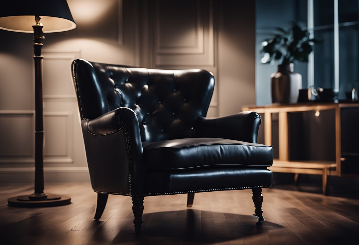 A vintage leather armchair sits in a dimly lit living room, surrounded by dark decor and moody lighting