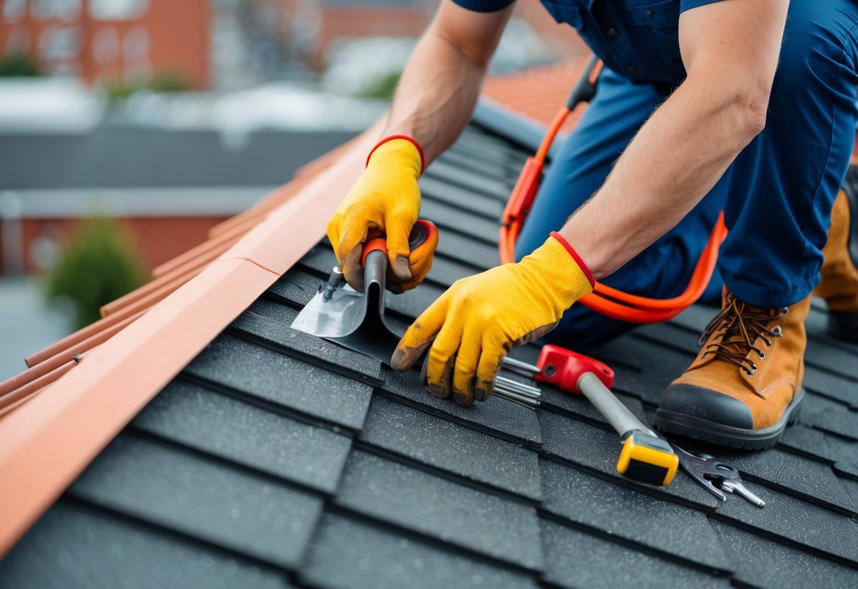 A specialist repairs a leaking roof using tools and materials