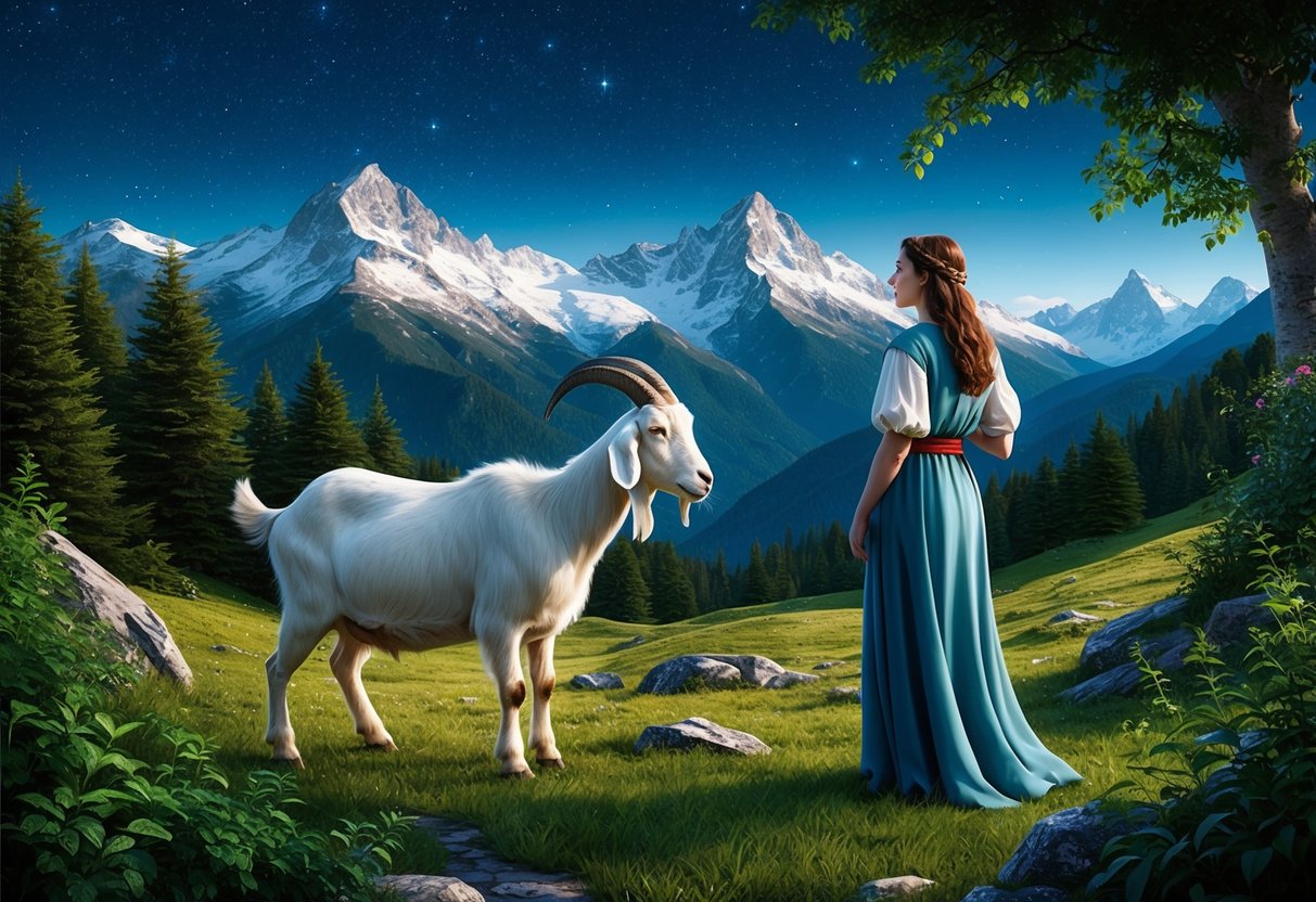 A serene mountain landscape with a goat and a maiden, surrounded by lush greenery and a clear, starry night sky