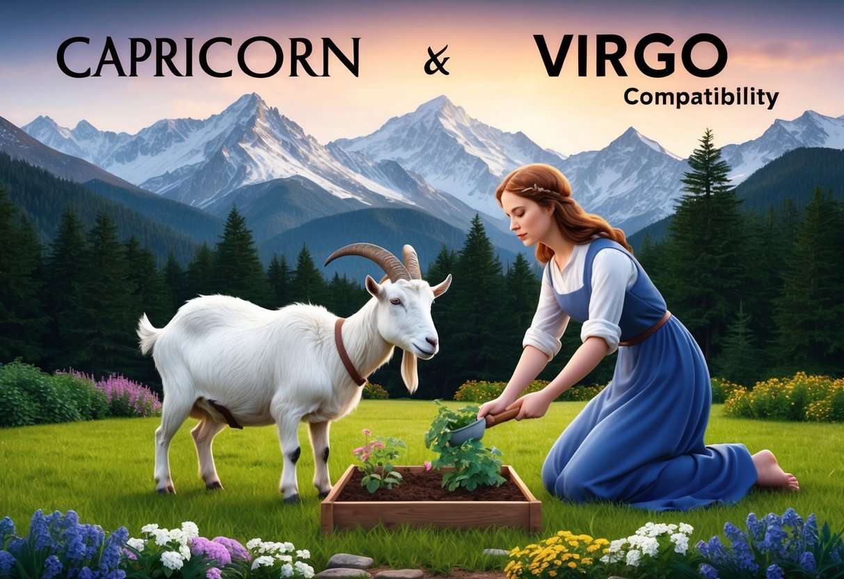 A serene mountain landscape with a goat and a maiden tending to a garden, symbolizing the earthy and practical nature of Capricorn and Virgo compatibility