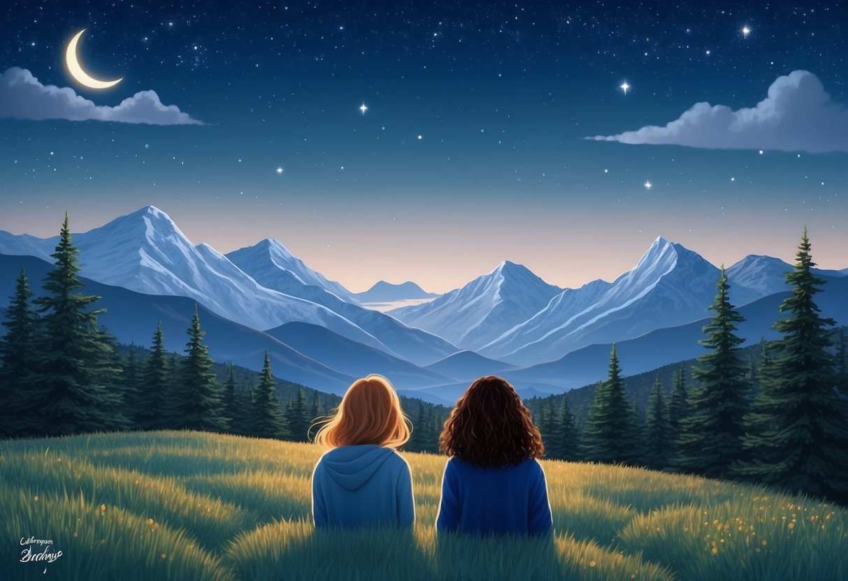 A serene mountain landscape, with a Capricorn and Virgo stargazing under a clear night sky