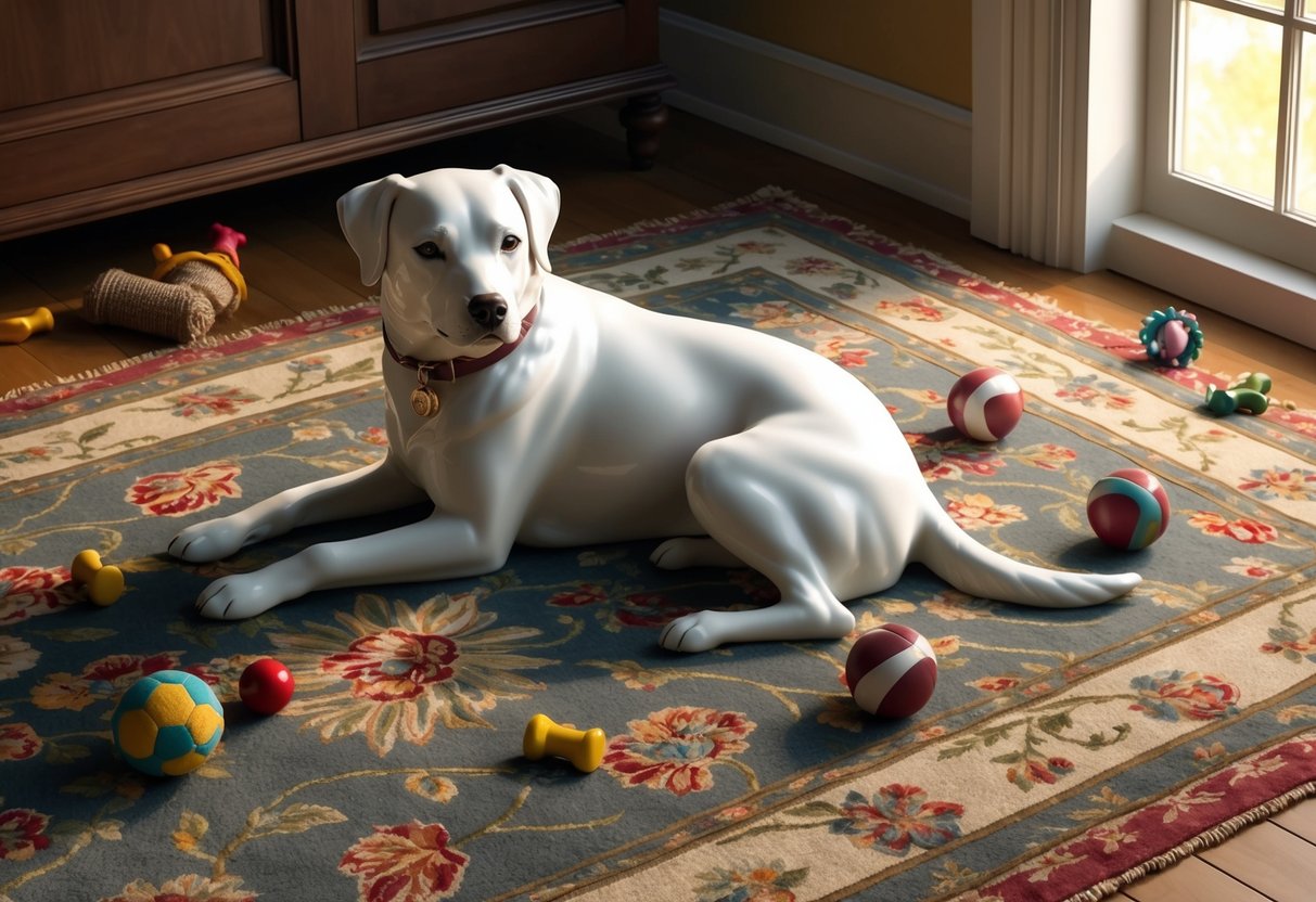 A porcelain dog sits on a floral-patterned rug, surrounded by scattered toys and a sunlit window