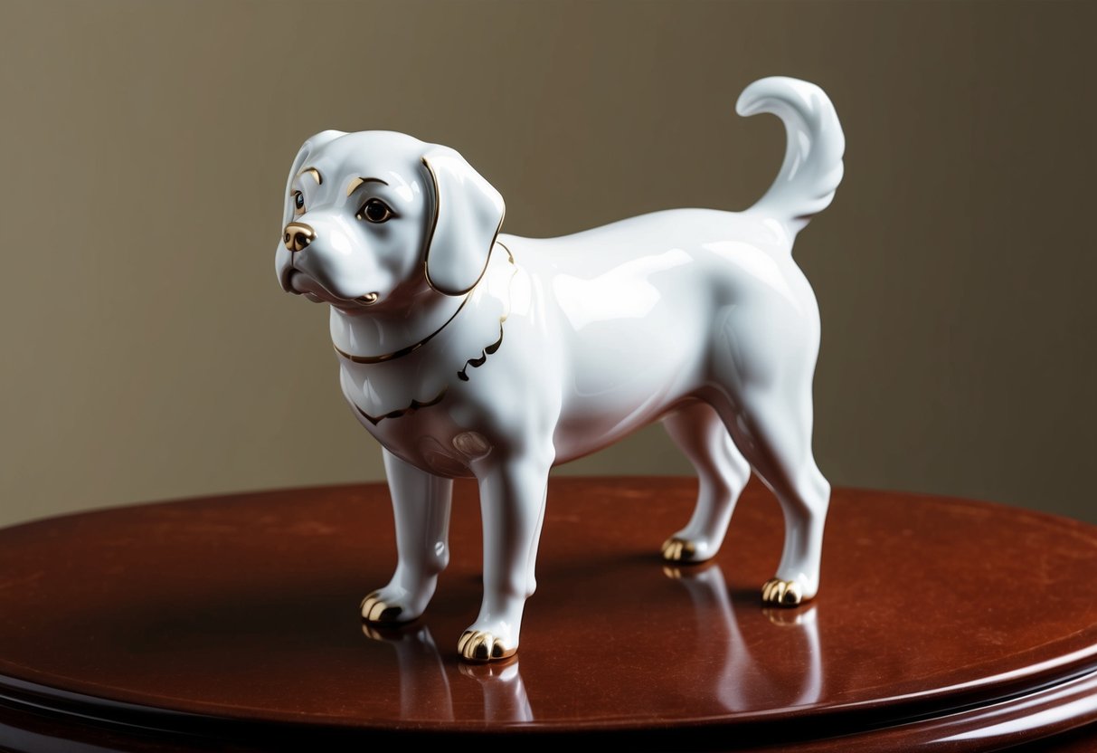 A porcelain dog with a glossy white coat, delicate features, and a lifelike pose, standing on a polished wooden surface