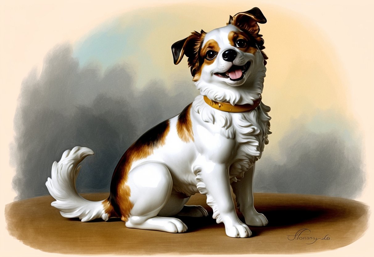 A porcelain dog with a playful expression, sitting with a tilted head and a wagging tail