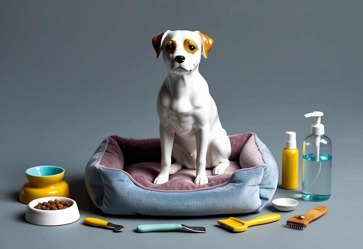 A porcelain dog sits on a plush bed surrounded by health and care items such as a food bowl, water dish, and grooming tools