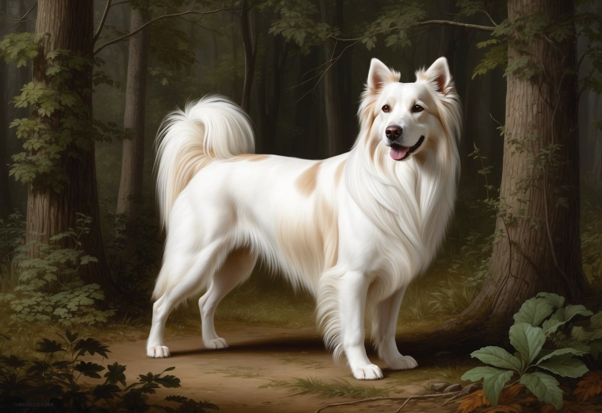 A Porcelaine dog standing alert in a wooded area, with its long, white coat blending in with the surrounding trees and foliage