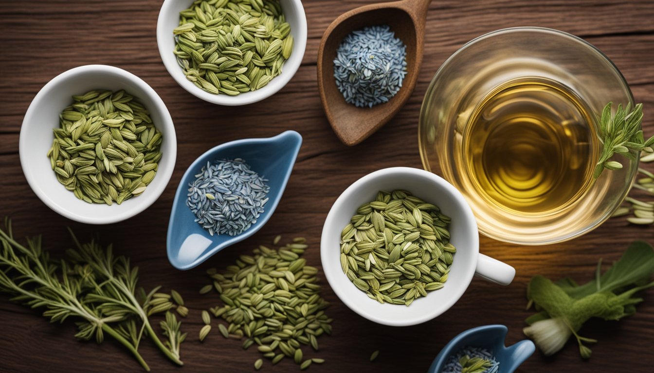 Fennel seeds become tea amidst wellness icons, connected by glowing lines. Healing colors of green, blue, and white create a serene, soothing composition