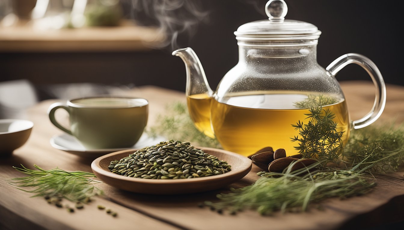 Meticulously arranged fennel tea scene with whole seeds, dried fronds, and a glass teapot. Soft natural light illuminates details, steam rises. Serene kitchen background