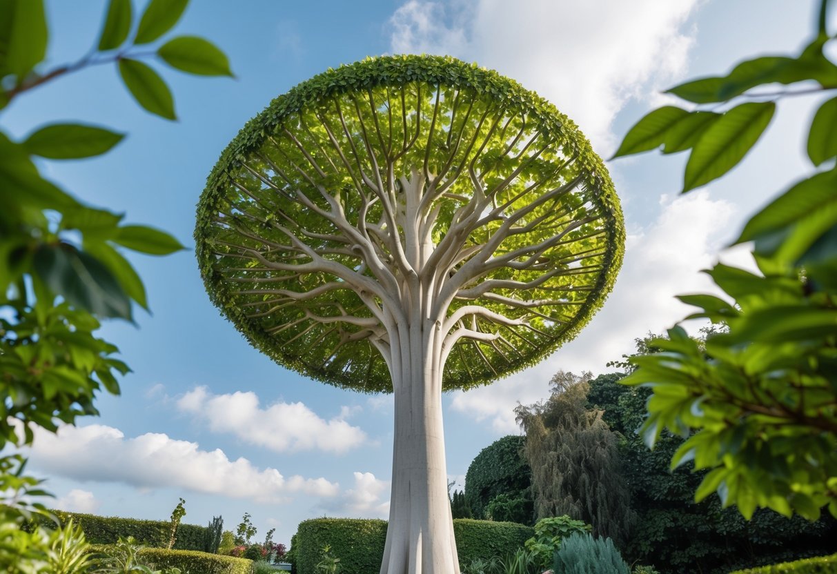 A tall artificial tree stands in a lush garden, its branches reaching towards the sky with vibrant green leaves and intricate details