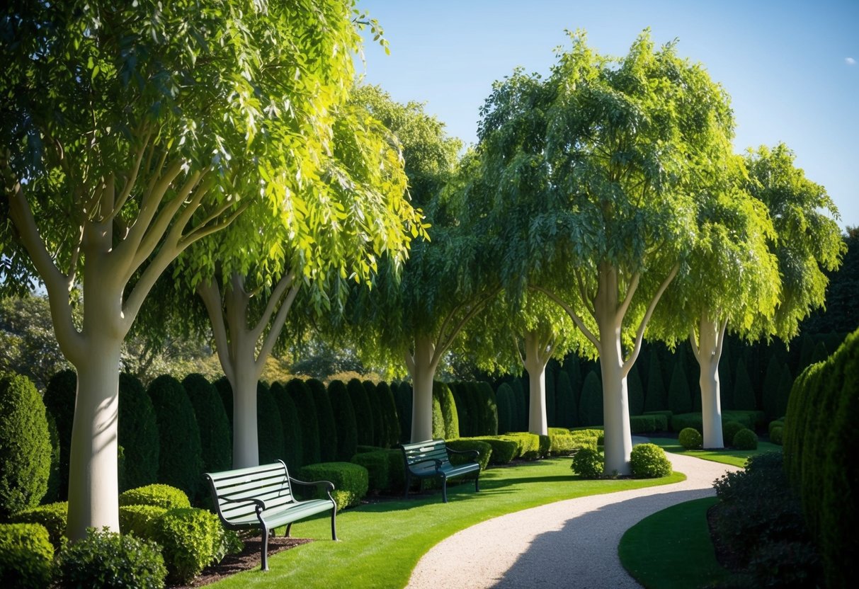 A serene garden with tall artificial trees casting dappled shade on a bench and a winding path. The trees stand tall and straight, their realistic leaves swaying gently in the breeze