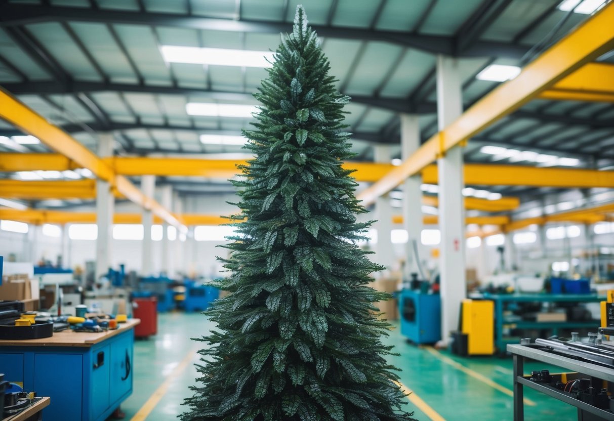 A towering artificial tree, made of metal and plastic, stands in a bright, spacious manufacturing facility, surrounded by various tools and equipment