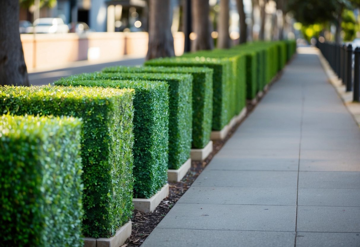 A row of artificial hedges lining a pathway in Sydney, Australia