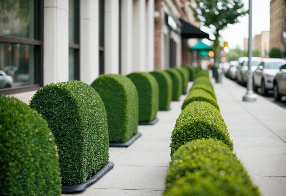 A row of artificial hedges lines a city sidewalk, adding a touch of greenery to the urban landscape