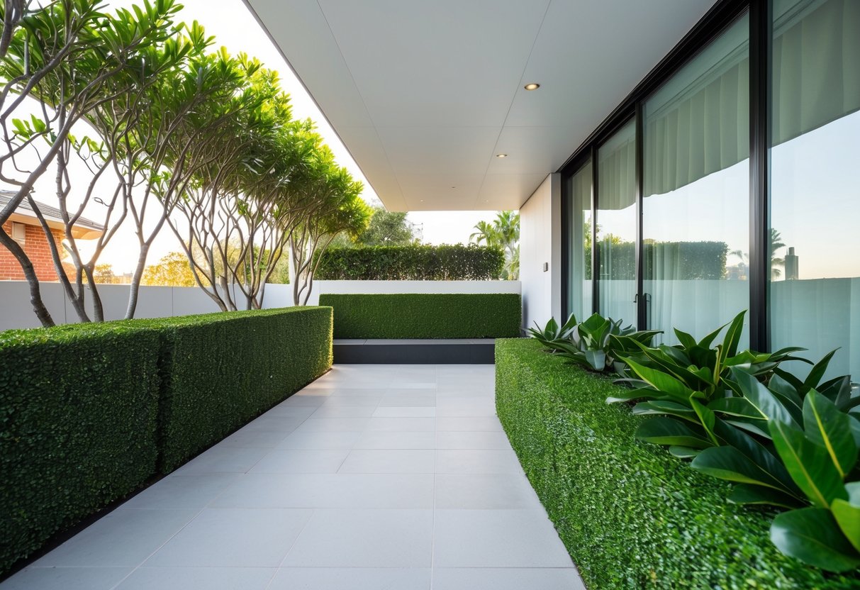 A modern outdoor space with artificial greenery hedges in Sydney, featuring sleek design and clean lines