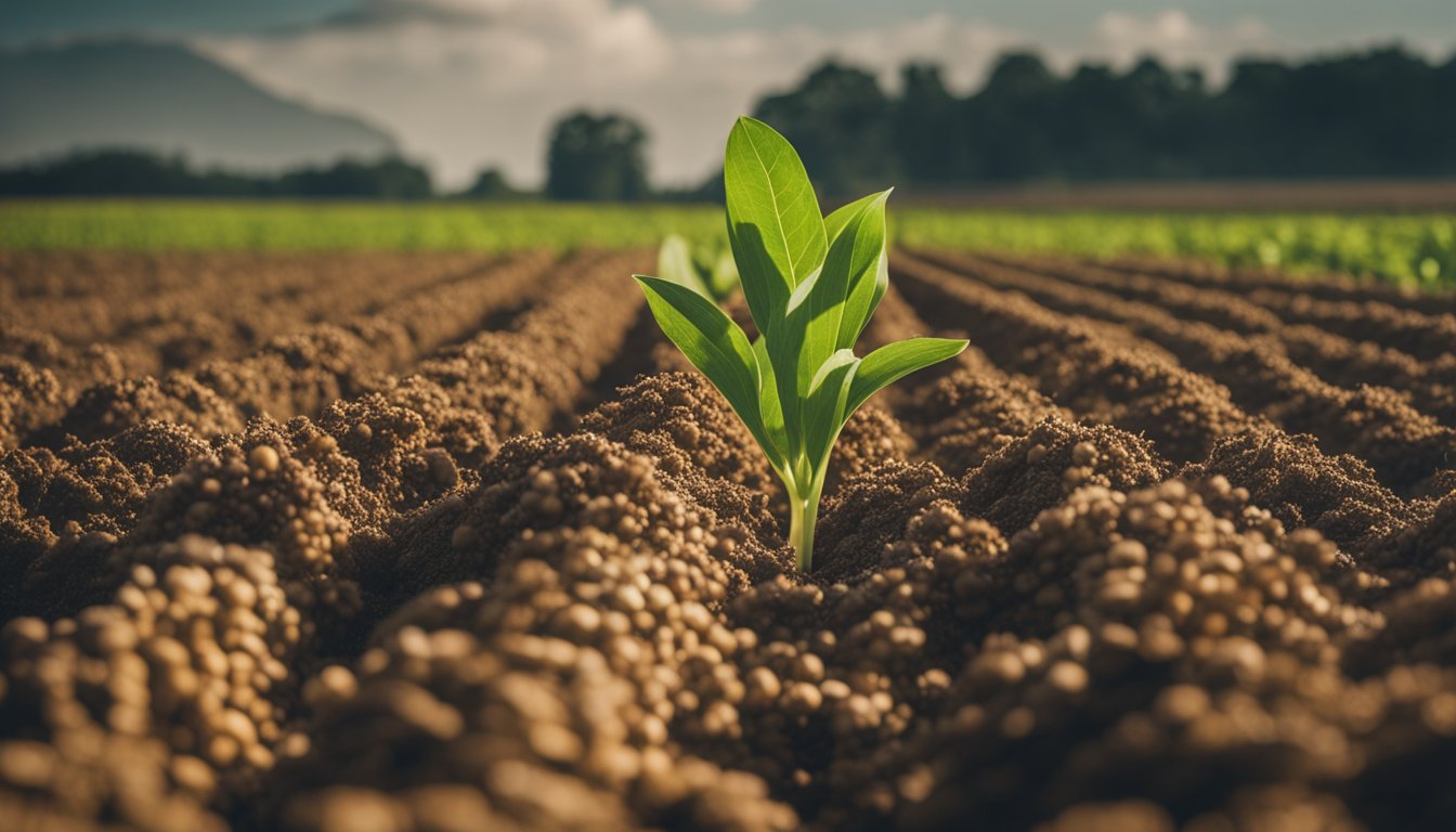 Vibrant crops and soil layers show crop rotation. Roots of legumes, corn, and wheat interact with beneficial organisms in soft light