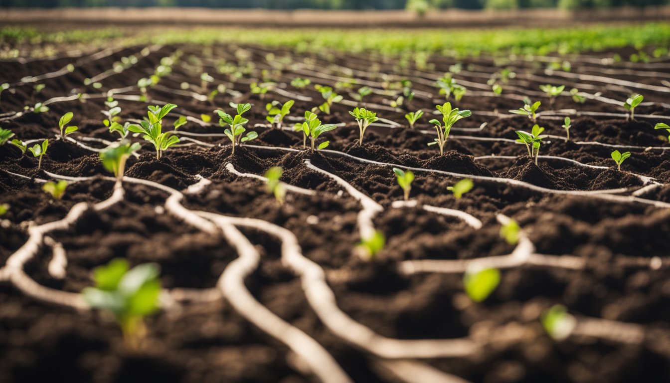 Vibrant crop roots intertwine in multi-layered soil, showcasing diverse crop rotation stages and enriching microorganisms