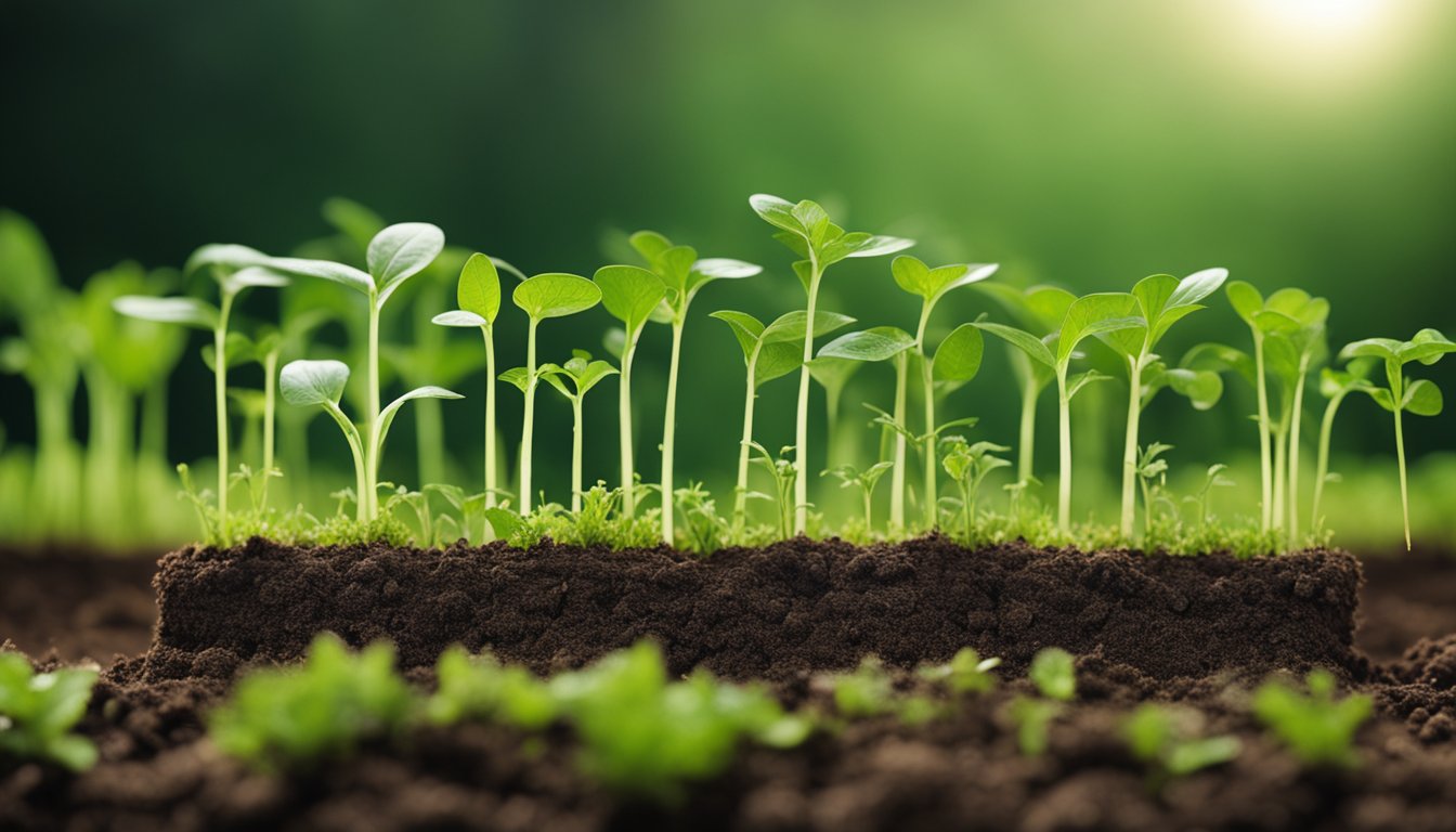 Vibrant crops and soil layers in cross-section, with visible root systems and beneficial organisms illuminated