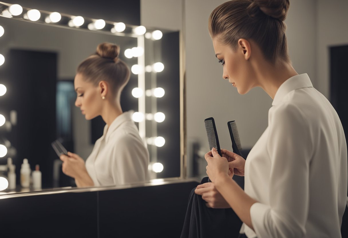 A person standing in front of a mirror, using a comb and styling products to create a sleek and textured French crop hairstyle