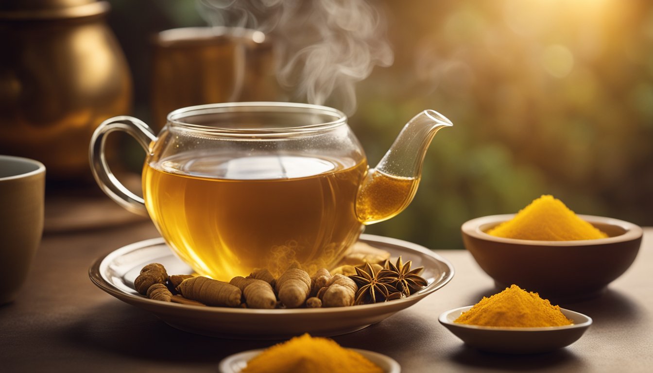 Golden tea steams in glass pot, surrounded by warm light and turmeric, ginger, and honey