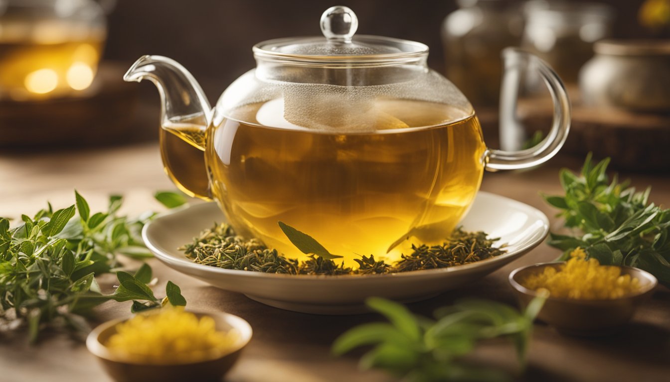 Golden tea steams among calming herbs in a glass teapot, creating ethereal patterns in warm light