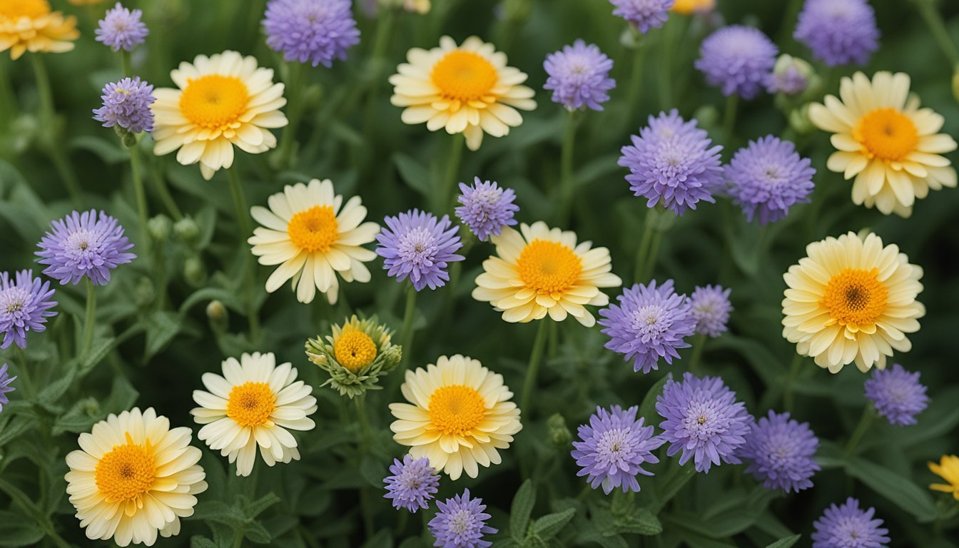 Calendula, lavender, and lemon verbena are illustrated in precise detail, emphasizing their calming properties. Soft blues and greens create a soothing atmosphere