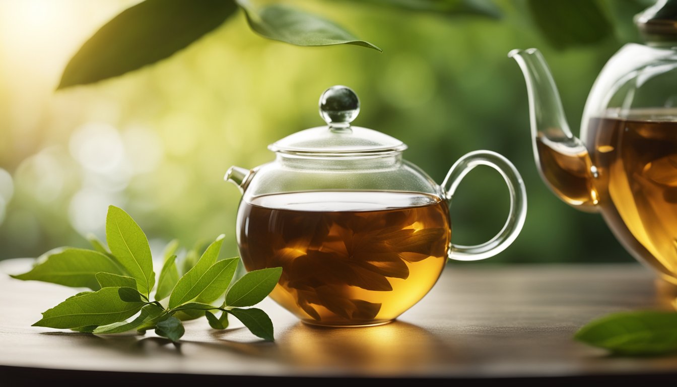 Soft light highlights oolong tea leaves' molecular structure and caffeine content, with a glass teapot of amber tea and fresh leaves nearby