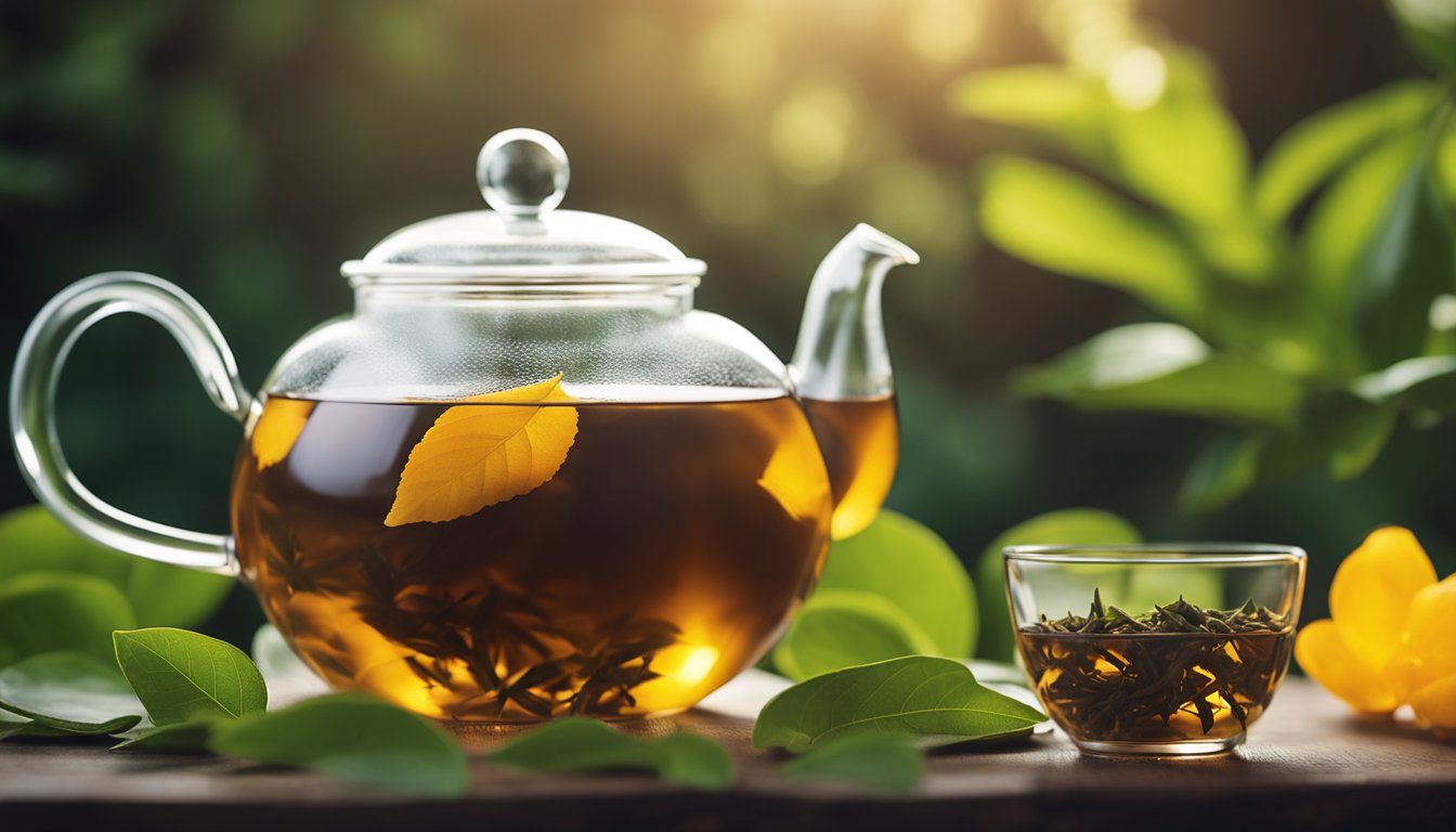 Soft lighting highlights oolong tea leaves' molecular structure and caffeine content, with a glass teapot filled with rich amber tea and fresh leaves