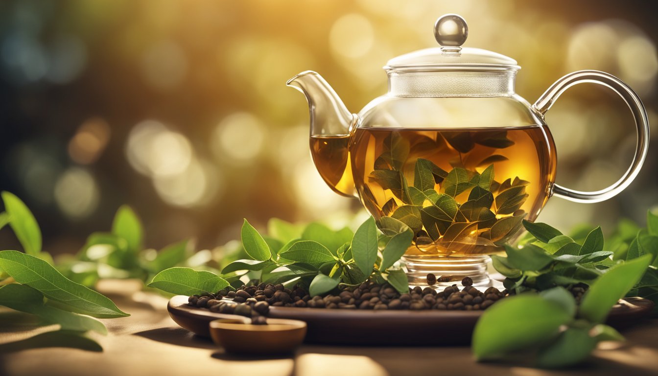 A scientific illustration depicts oolong tea leaves' molecular structure, with detailed caffeine diagrams. A glass teapot holds amber oolong tea, surrounded by fresh leaves and analytical lighting