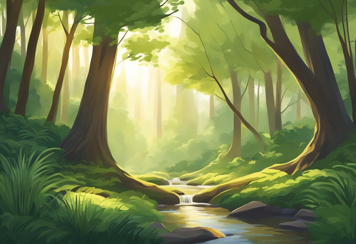 Sunlight filtering through tall trees onto a tranquil forest floor, with a gentle stream and lush greenery