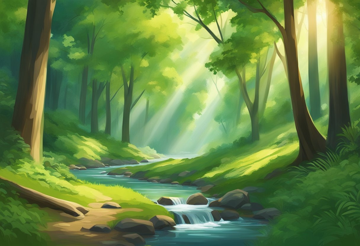 A serene forest with lush green trees, dappled sunlight, and a peaceful stream, evoking a sense of tranquility and mental well-being