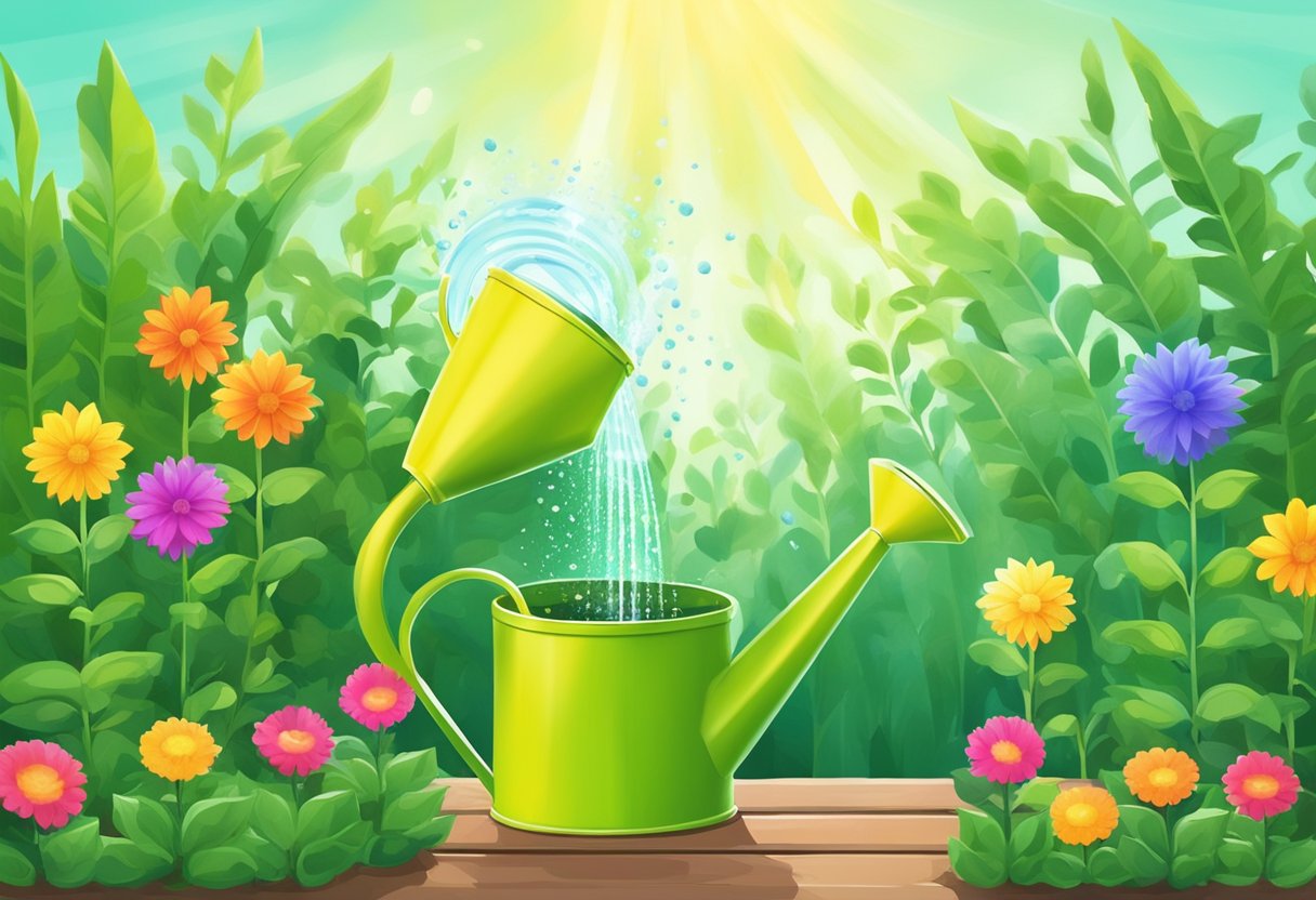 A colorful garden watering can pouring water onto a row of vibrant green plants, with sunlight streaming through the leaves