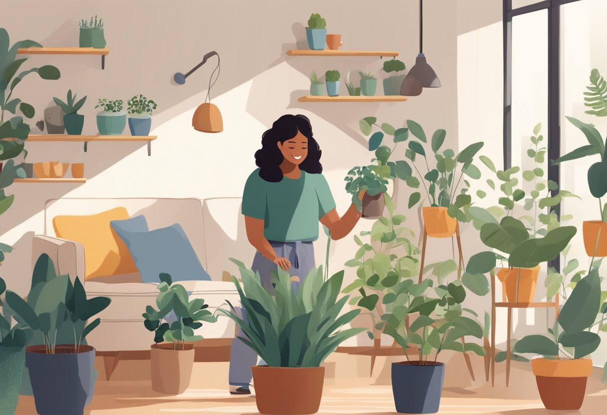 A person happily watering plants in a cozy, sunlit room with soft music playing and a cup of tea nearby