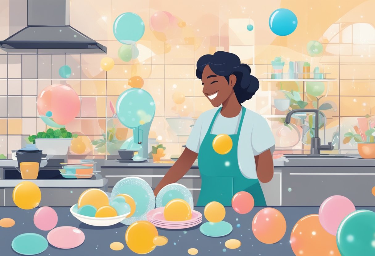 A person happily washing dishes with a smile, surrounded by colorful bubbles and sparkling clean plates, finding joy in the simple task