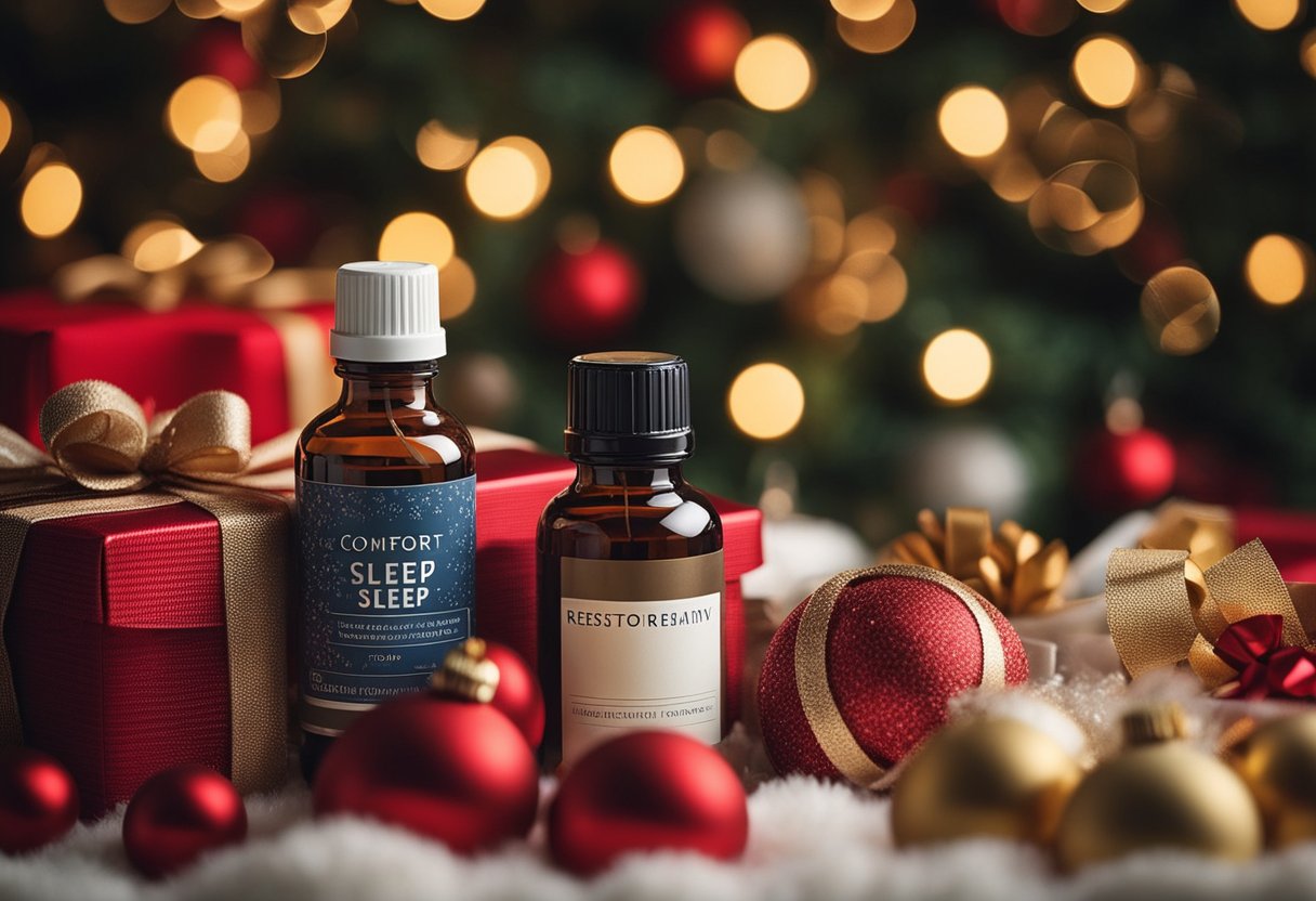 A cozy holiday scene with gifts related to restorative sleep, featuring supplement bottles as part of the comfort gifts