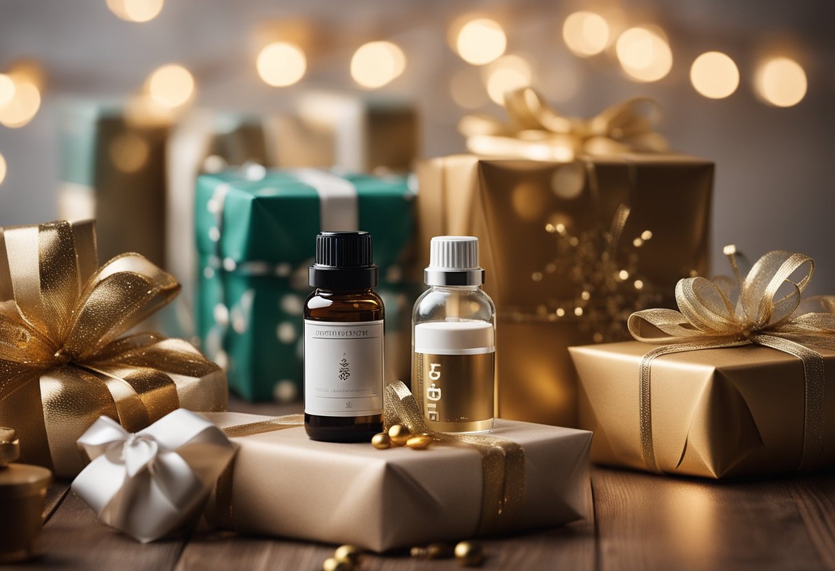 A cozy holiday scene with wellness gifts: presents and supplement bottles with capsules, all surrounded by festive decorations